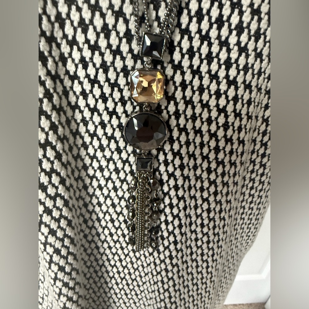 Vera Wang Long Necklace Silver Tone, Black & Gold Rhinestones Fringe with Beads